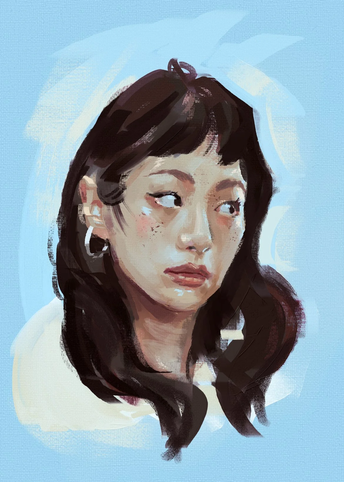 Digital painting of a young woman with dark brown hair, light makeup, wearing hoop earrings, and a white top, against a light blue background.