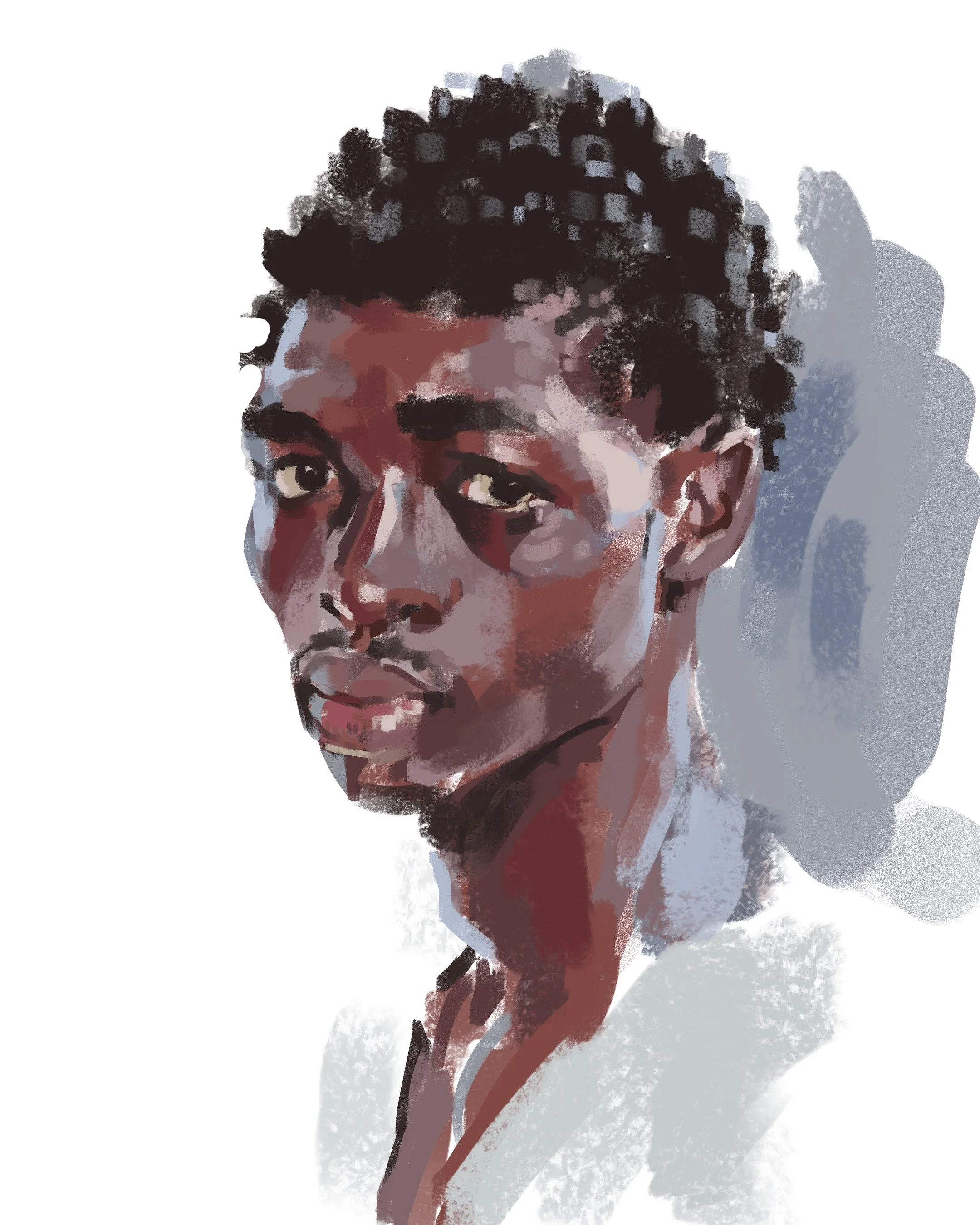 Digital portrait of a young Black person with short curly hair, looking slightly to the side, with a pensive expression.