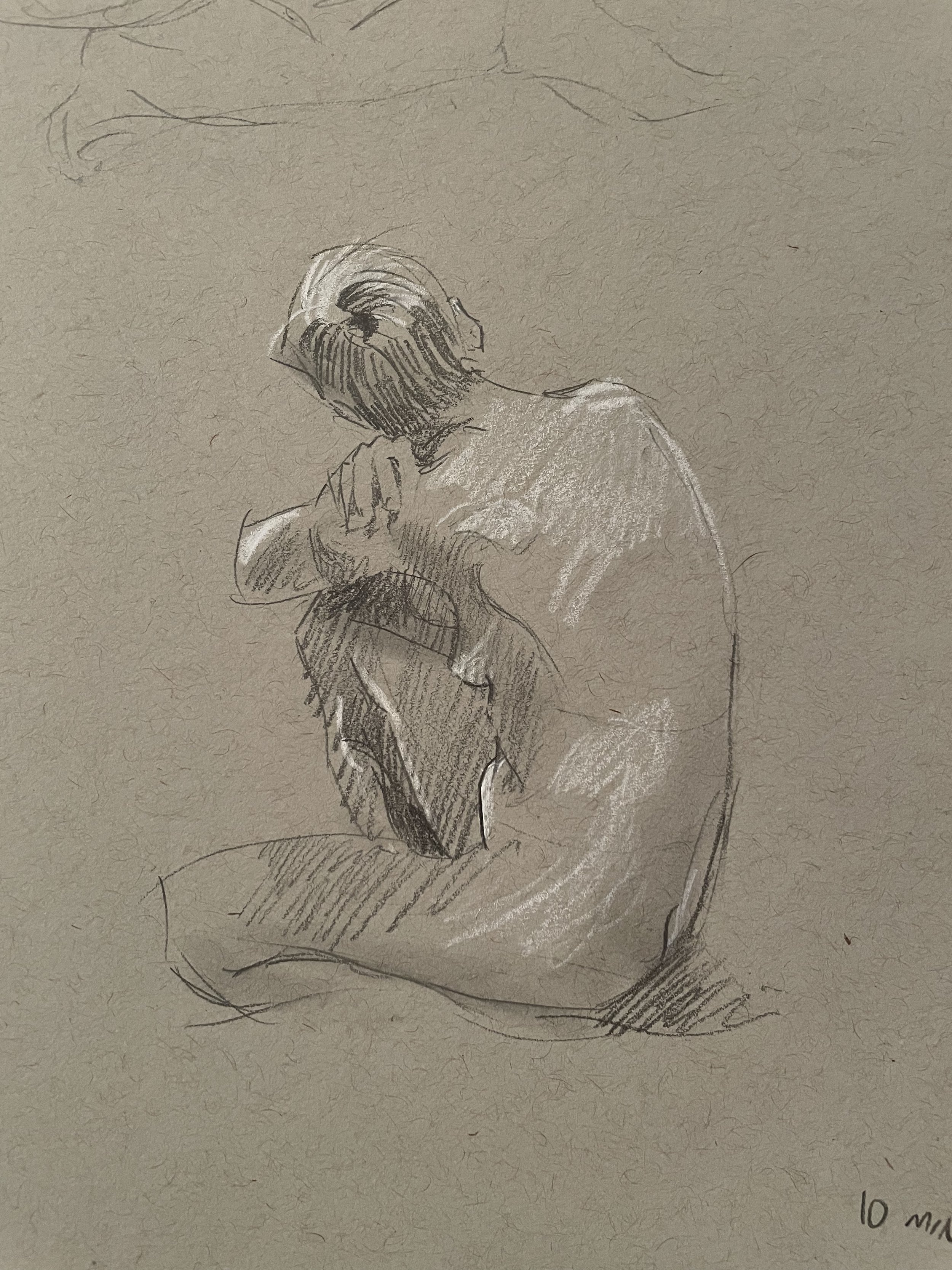 Sketch of a person with long hair sitting with their head resting on their hand, facing away from the viewer.
