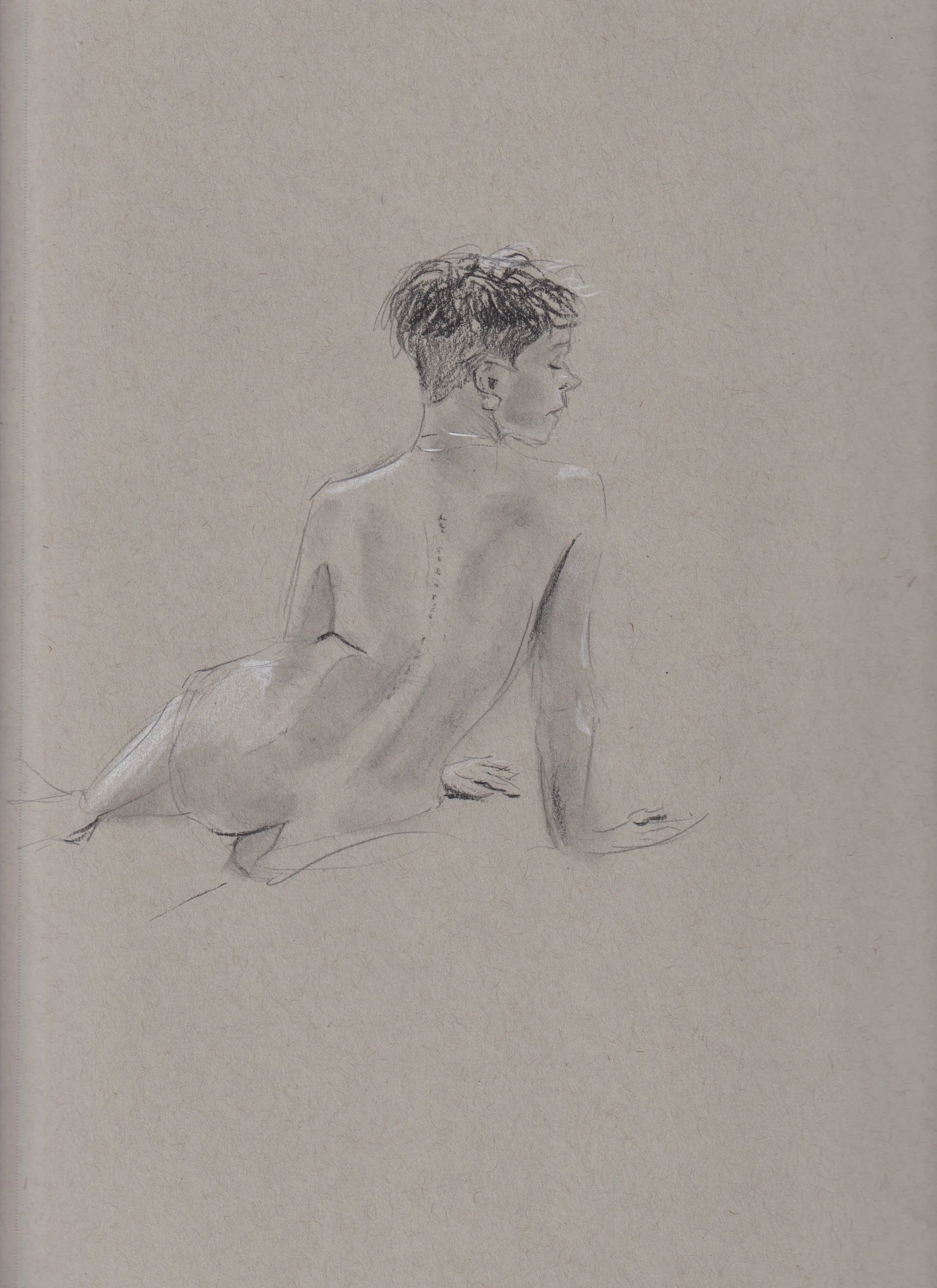 A sketch of a woman sitting topless with her back to the viewer, head turned to the side, short hair, on a plain background.