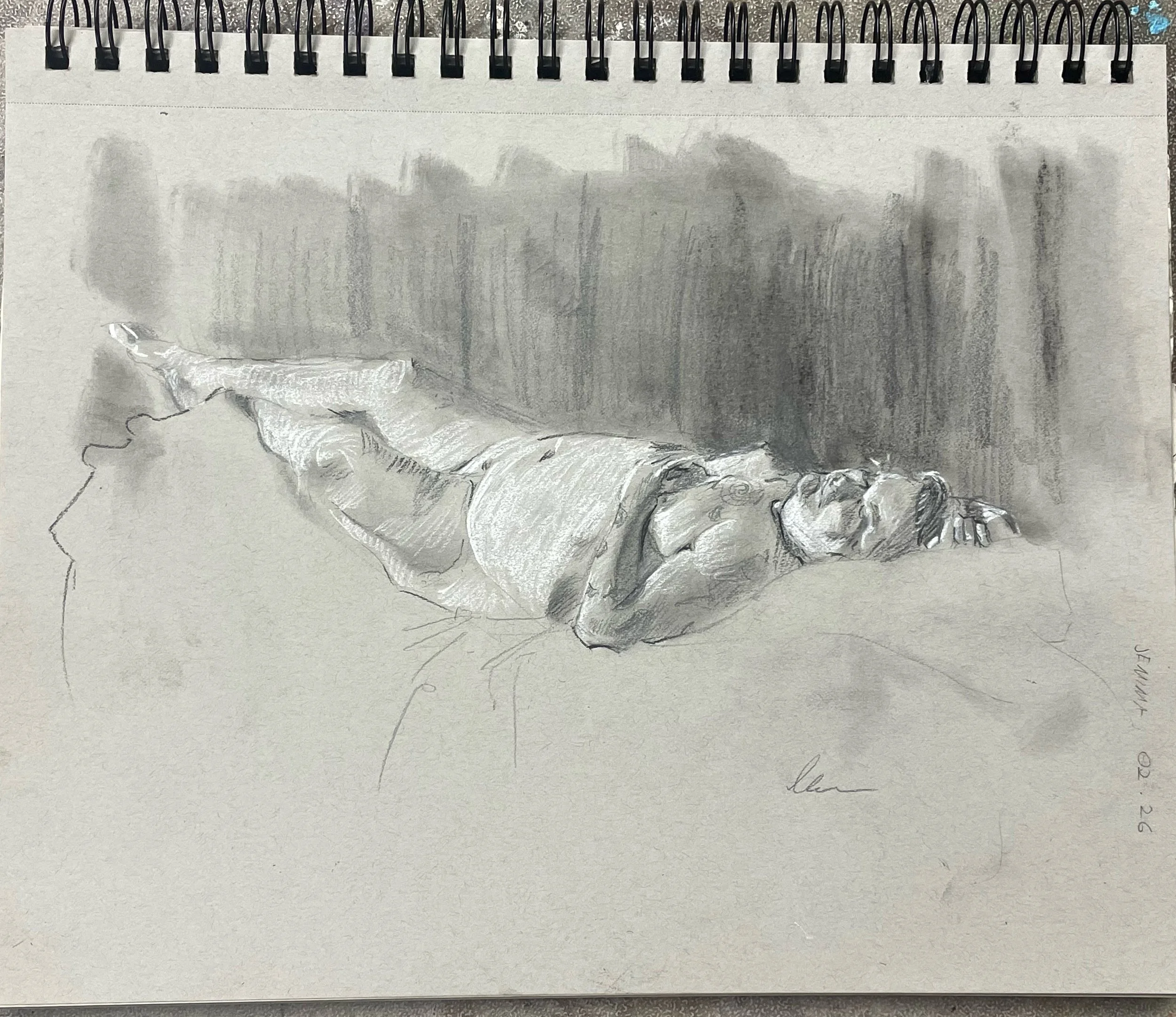 Sketch of a woman lying on her back with her arm raised above her head, on a bed or couch, with a dark shaded background.