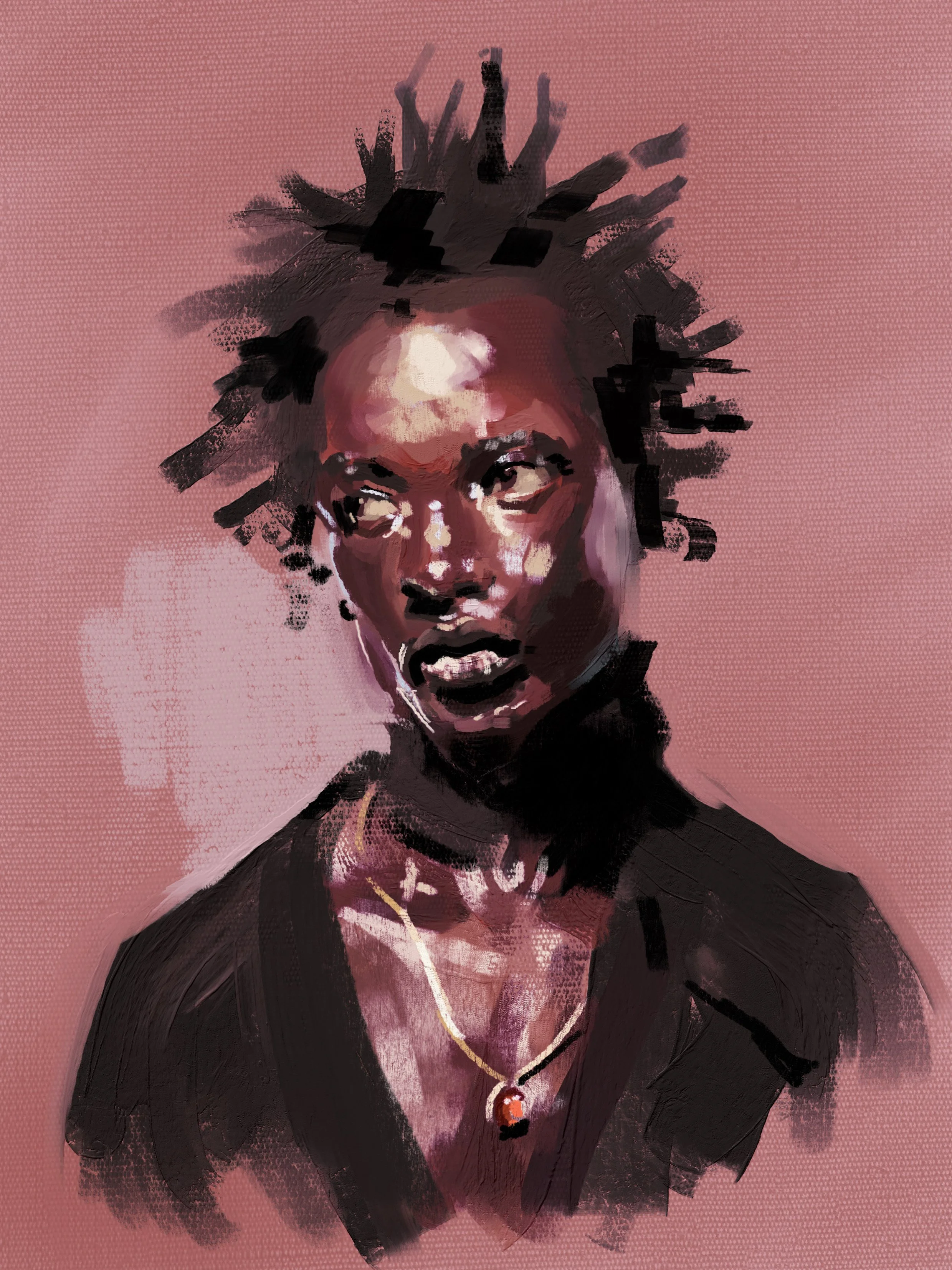 Digital painting of a young woman with short, spiky hair, wearing a black top and a jewelry necklace with a pendant, against a pink background.