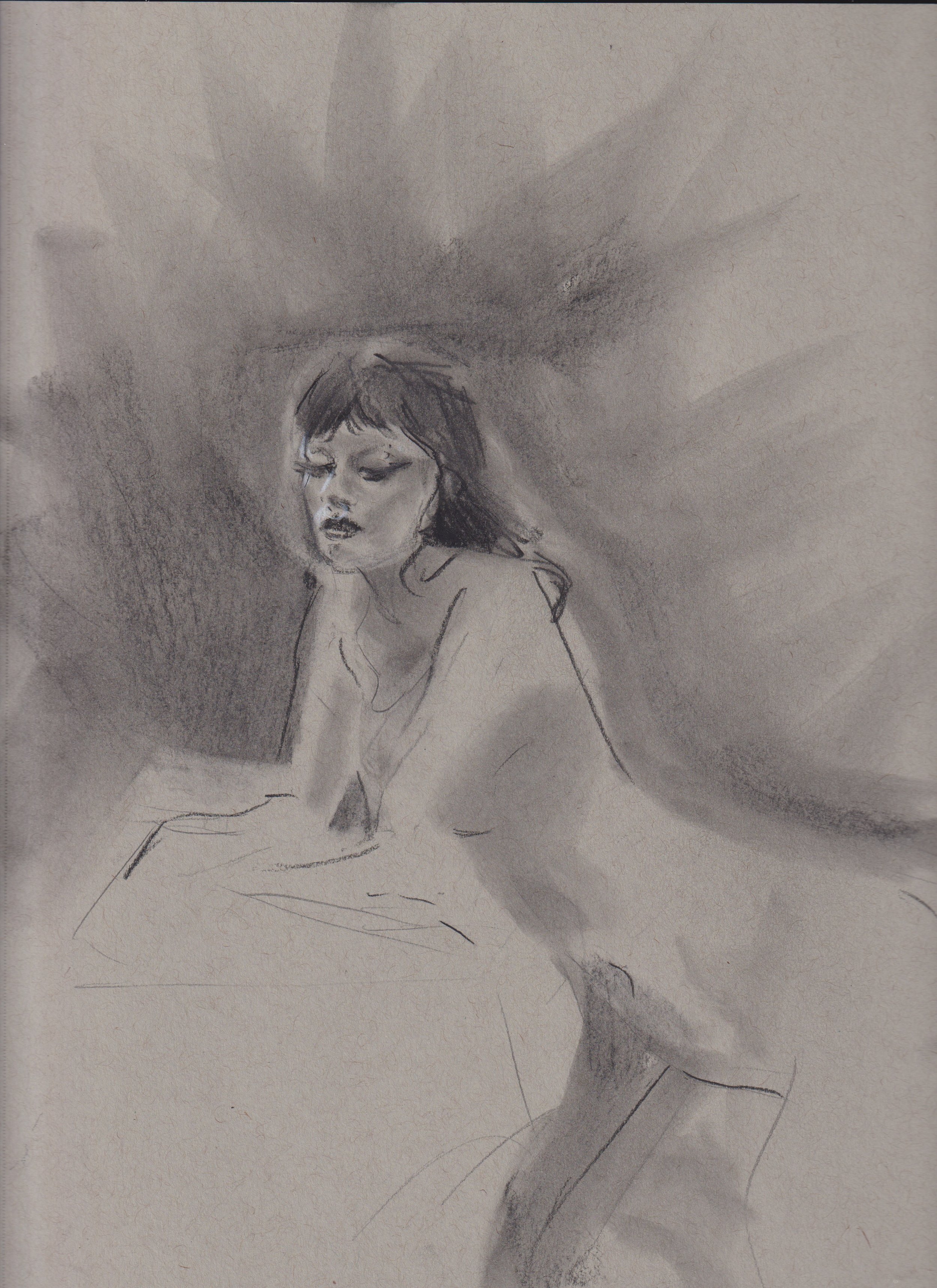 A black-and-white sketch of a woman with closed eyes and dark hair, sitting with her head tilted slightly downward.