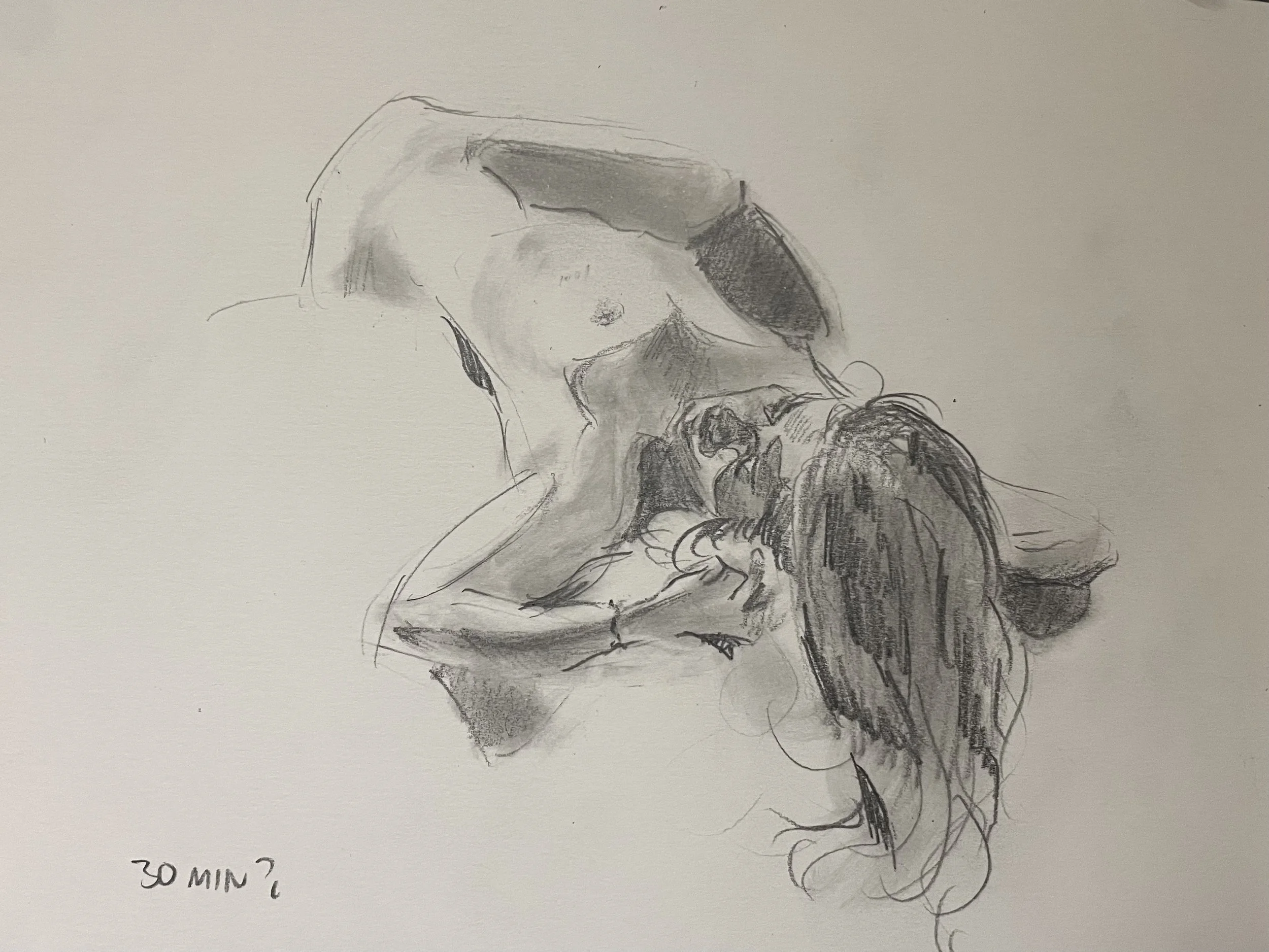 A pencil sketch of a person with long hair and glasses resting their head on a hand, with the note '30 MIN?' written in the bottom left corner.