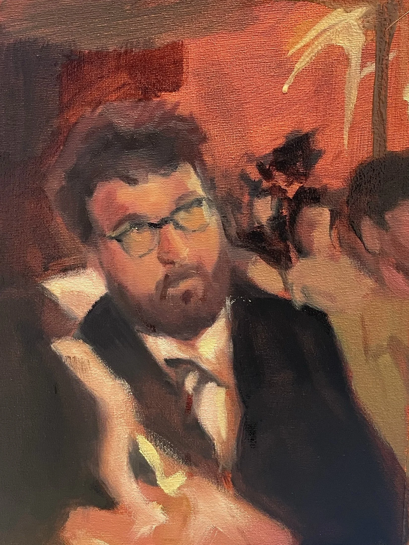 An oil painting of a young man with glasses, dark hair, and a beard, resting his head on his hand with a contemplative expression, set against a warm red and orange background with flowers and foliage.