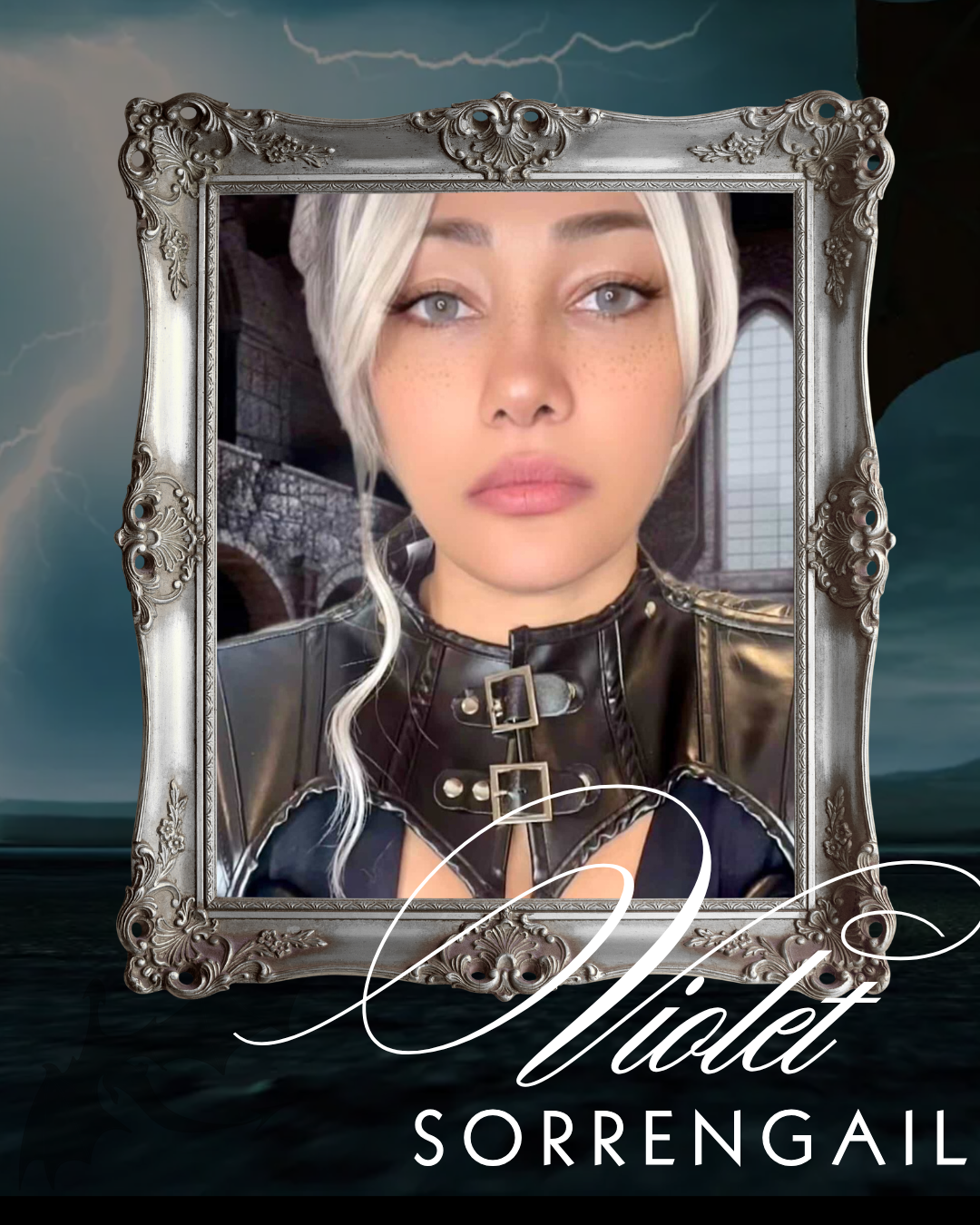 A woman with platinum blonde hair, blue eyes, and freckles in a framed portrait with stormy background and lightning, with text 'Violet Sorrengail' below.