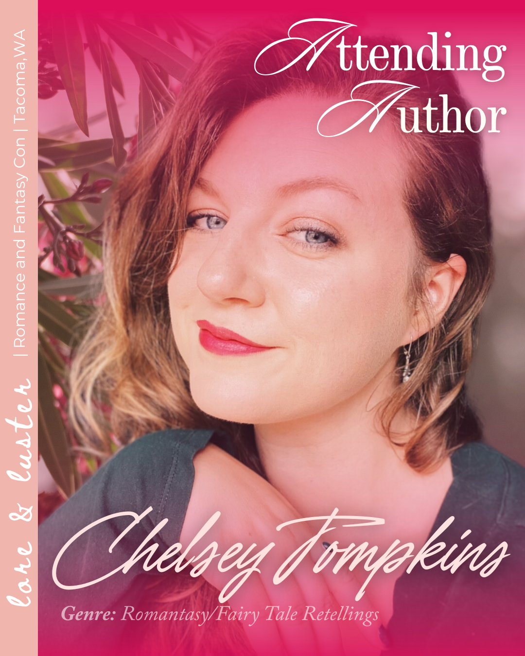 Book cover featuring a woman with wavy, shoulder-length hair, blue eyes, and red lipstick, with pink and green background, and text 'Attending Author' and 'Chelsey Tompkin'.