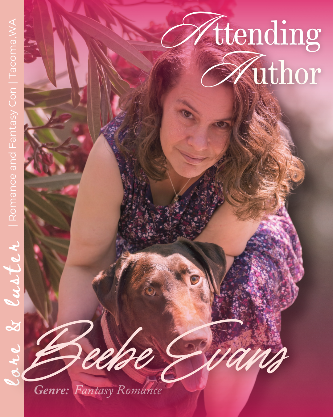 Book cover featuring a woman with wavy hair and a dog, with pink and purple background and floral accents, titled 'Beebe Evans' by Attending Author, genre Fantasy Romance.