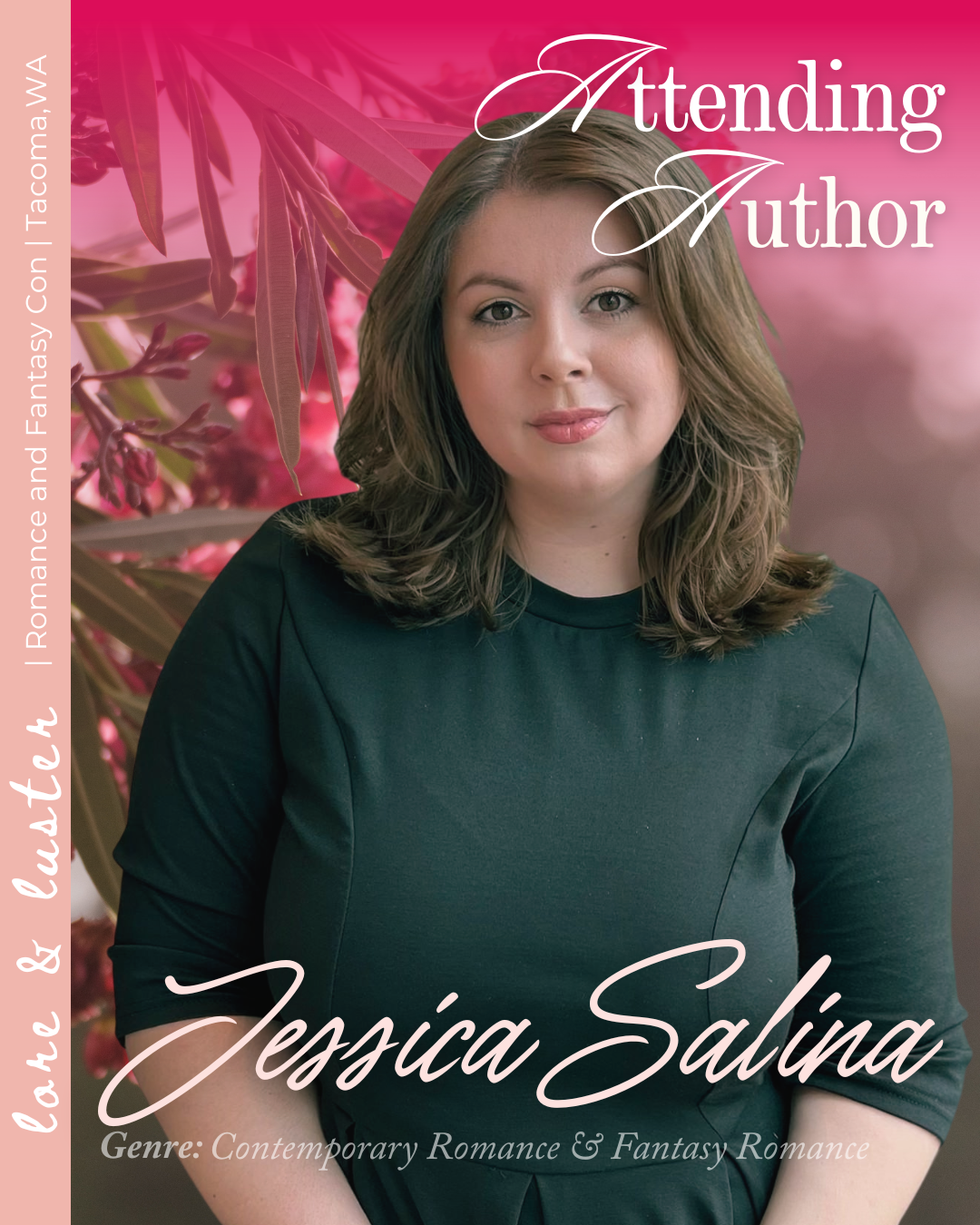 Book cover featuring a woman with brown hair wearing a dark green shirt, pink floral background, and white script text reading "Attending Author" and "Jessica Salina" with genres "Contemporary Romance & Fantasy Romance."