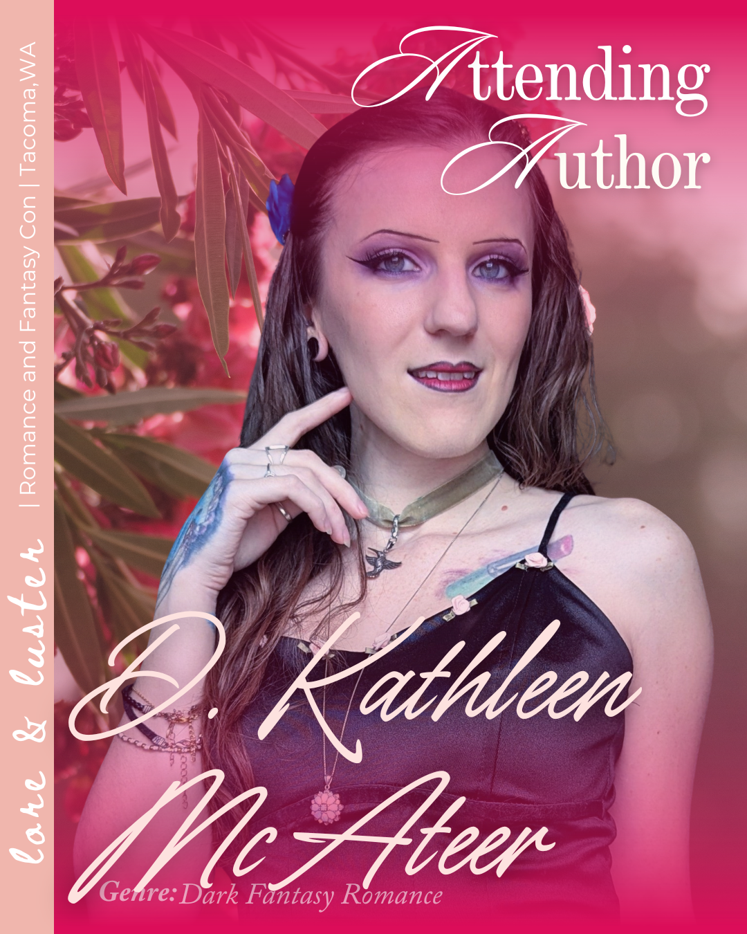 Book cover for 'Attending Author' by J. Kathleen McAteer, featuring a woman with dark hair, blue eyes, and makeup, wearing a black spaghetti strap top and jewelry, with pink flowers and leaves in the background.