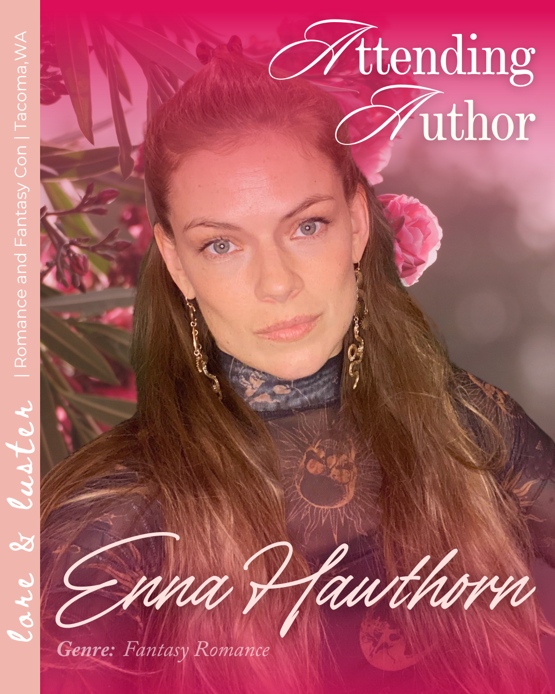 Book cover featuring a woman with long auburn hair, wearing a dark sheer top with a lion graphic, and earrings, with pink flowers in the background. The title is "Attending Author," and the author is Emma Hawthorn, genre is fantasy romance.
