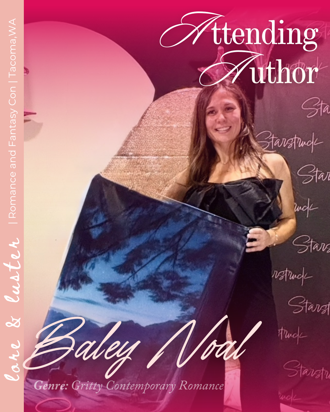 A woman holding a painting with a landscape scene of trees and mountains, standing in front of a pink and black background with the text "Attending Author" and "Baley Noad."
