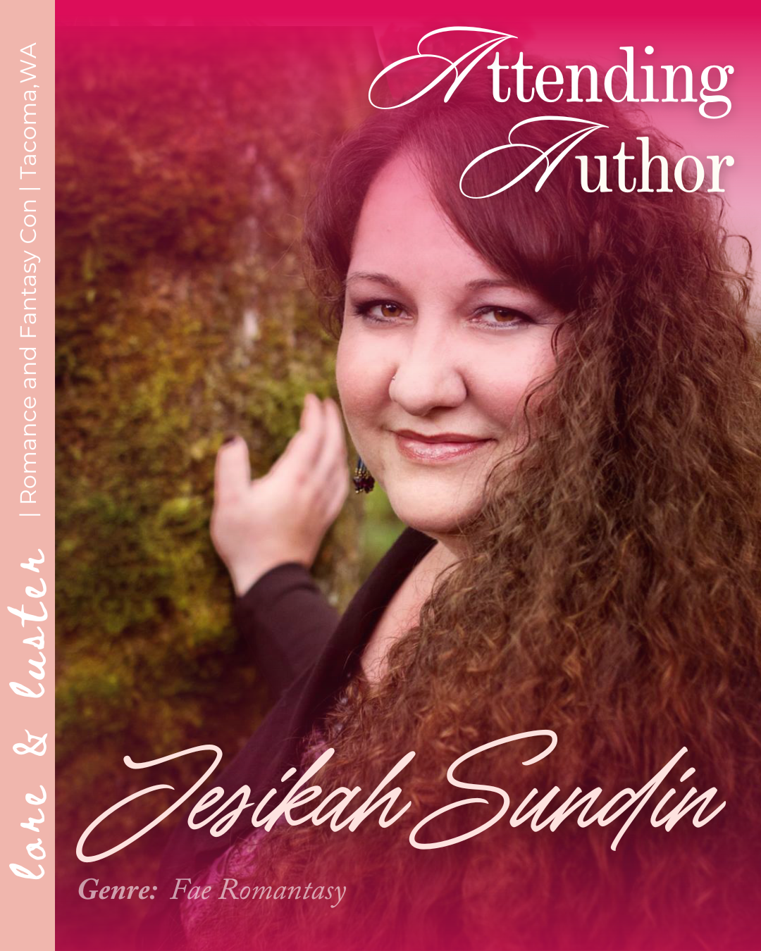 Close-up of a woman with curly red hair smiling outdoors, touching a moss-covered tree, with pink gradient overlay and text promoting a book titled 'Attending Author' by Jesikah Sundin in the genre Fae Romantasy.