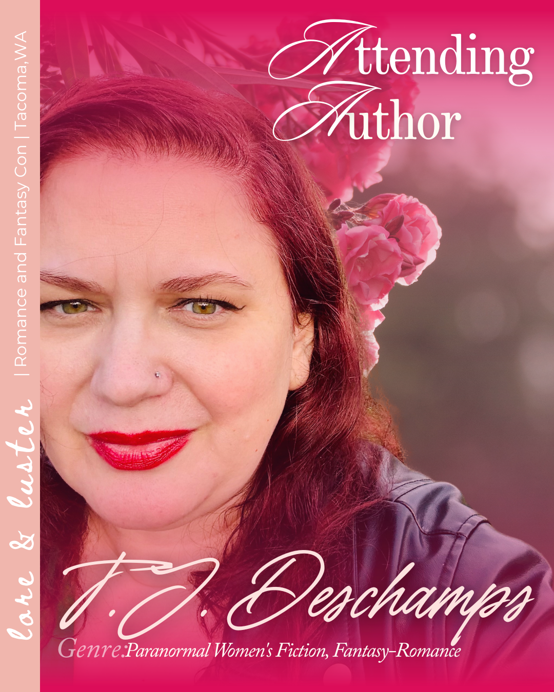 A woman with red hair and red lipstick smiling in front of pink flowers, with the book title "Attending Author" and the author's name "J. J. Deschamps," indicating a paranormal women's fiction, fantasy-romance novel.