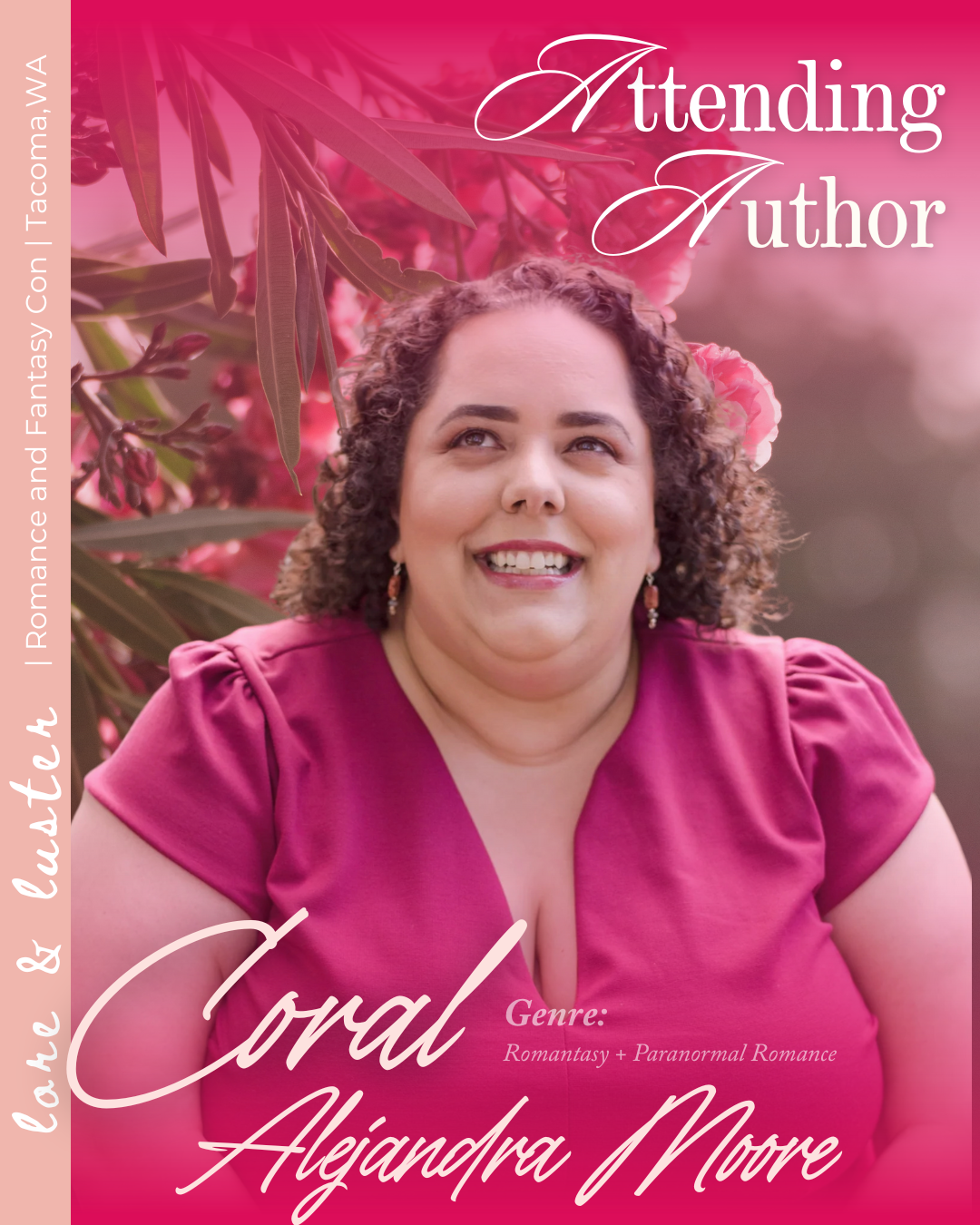 Book cover featuring a woman with curly hair in a pink top, smiling, surrounded by pink flowers, with text indicating it's an upcoming romance and paranormal romance novel titled 'Coral.'
