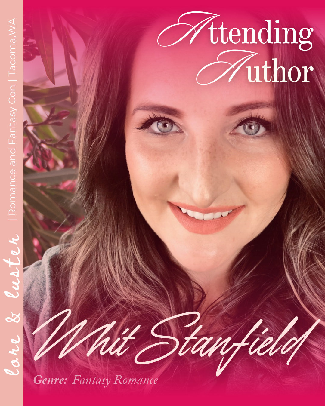 Close-up of a smiling woman with long, wavy brown hair and blue eyes, with pink and purple floral background. Text overlay indicates she is an author of a fantasy romance novel titled 'White Standoff'.