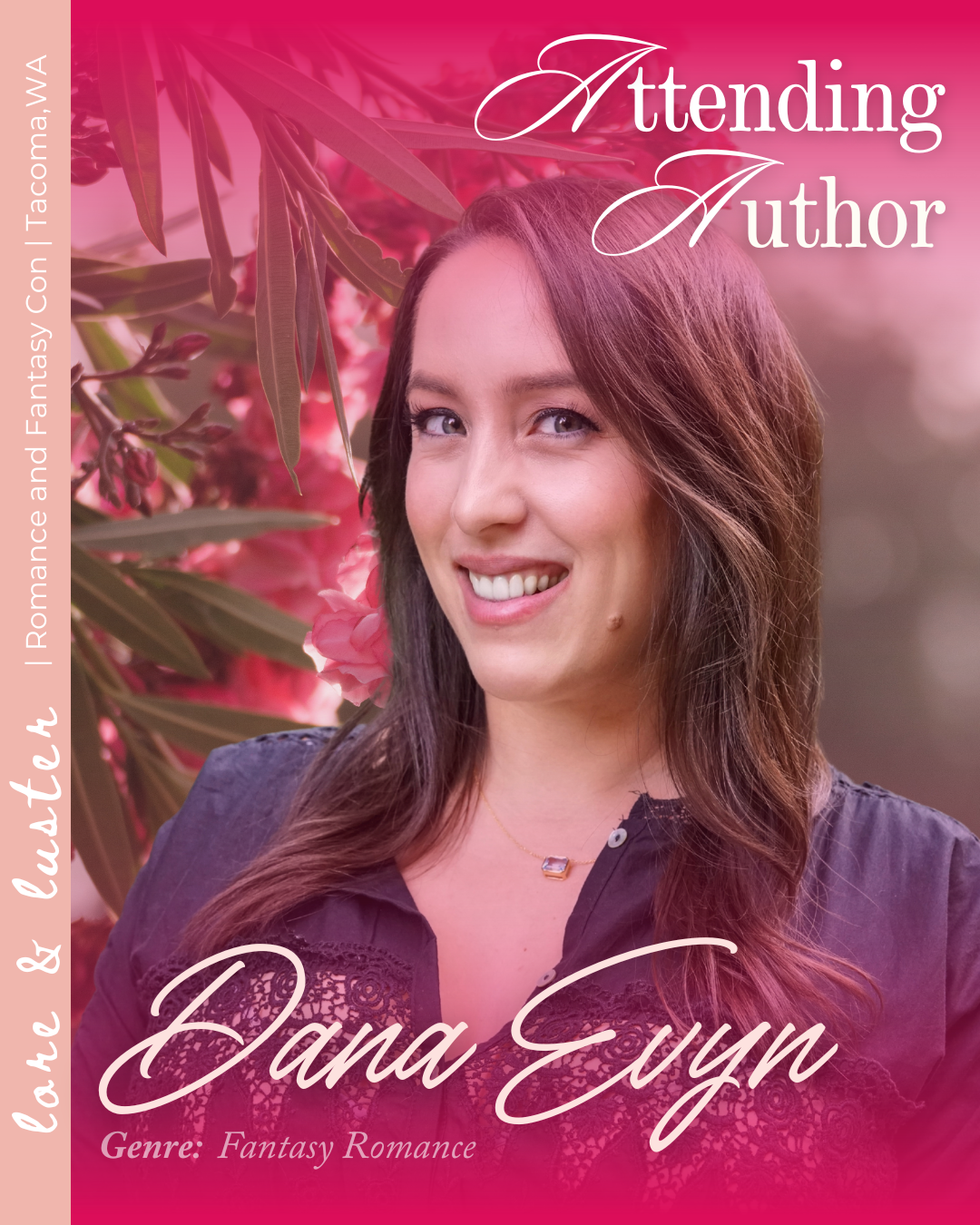 A woman with long brown hair smiling outdoors with pink flowers in the background.