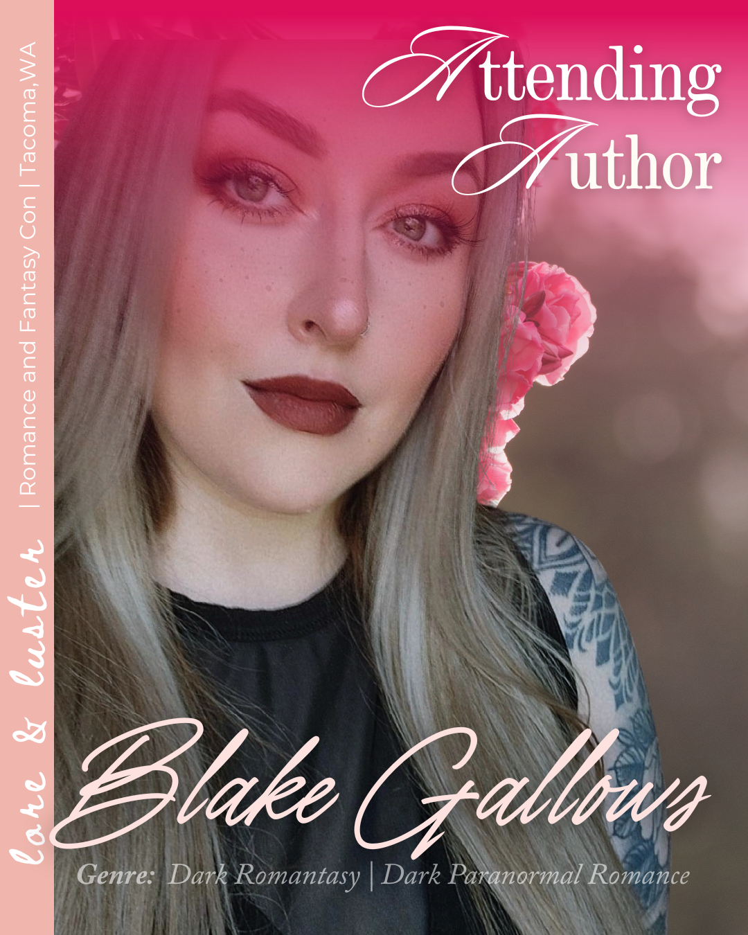 Book cover featuring a woman with long blonde hair, makeup, and a tattoo on her shoulder. The title is 'Attending Author' by Blake Gallowz. Genres: Dark Romantasy and Dark Paranormal Romance.