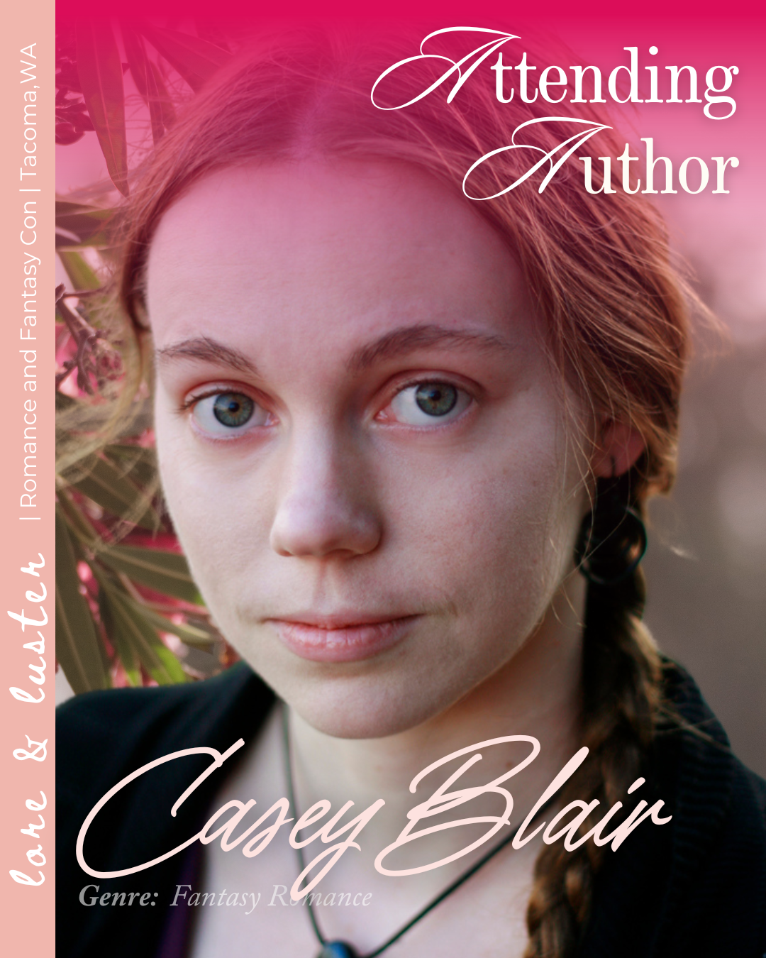 Book cover titled 'Attending Author' featuring a close-up photo of a woman with red hair and blue eyes, set outdoors with pink and green foliage in the background, with text indicating it's a romance and fantasy romance novel by Casey Blair.