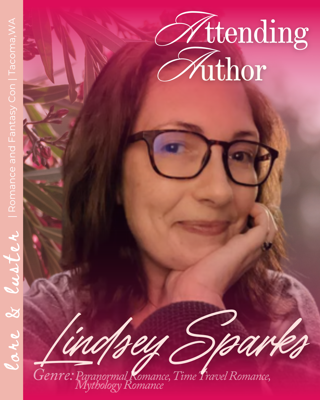 A woman with shoulder-length brown hair, glasses, and a pink top, smiling with her hand resting on her face, surrounded by pink-hued plants with a pink gradient background.