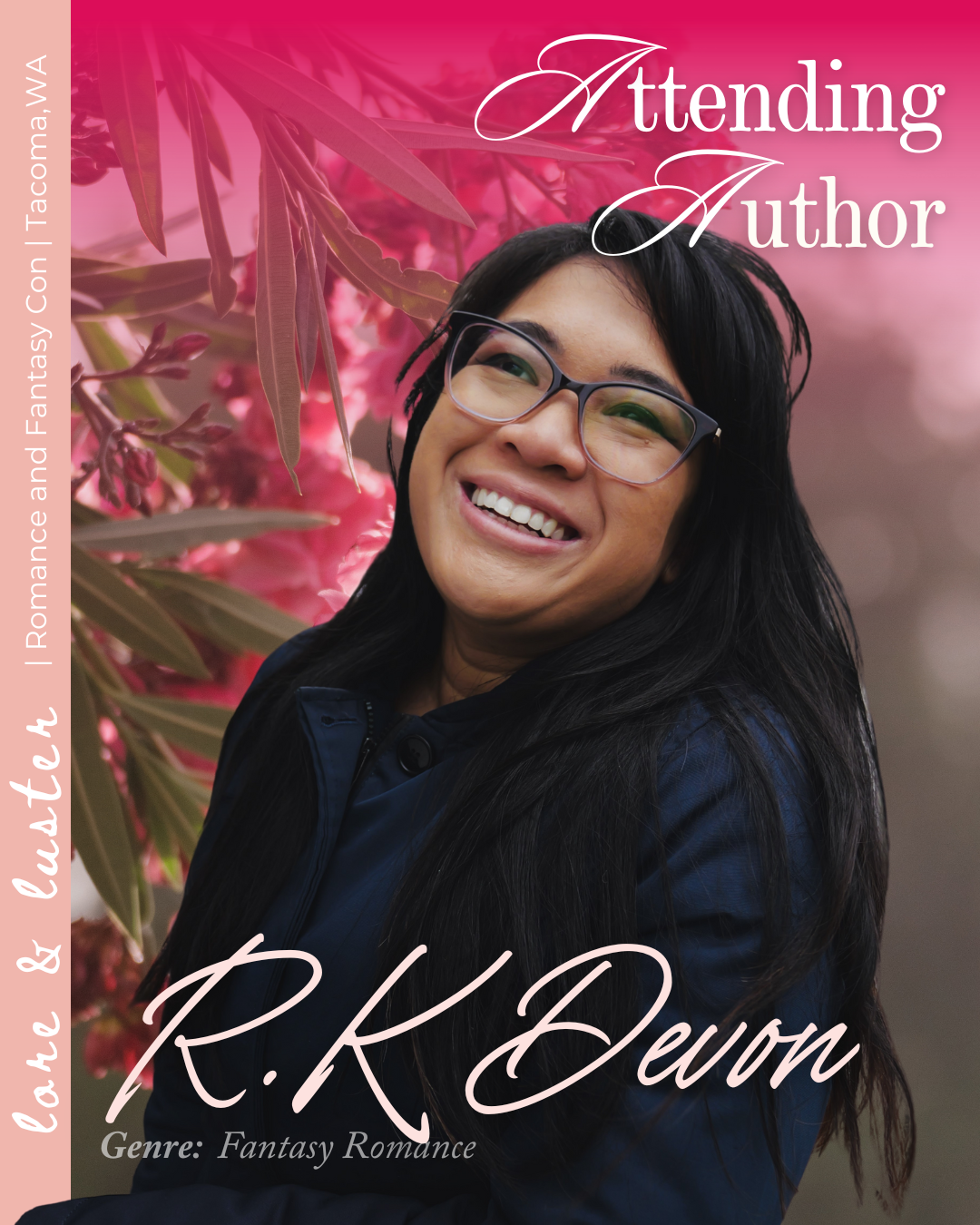 Book cover titled "Attending Author" by R.K. Bevan, featuring a woman with long black hair and glasses smiling outdoors with pink flowers and green leaves in the background.