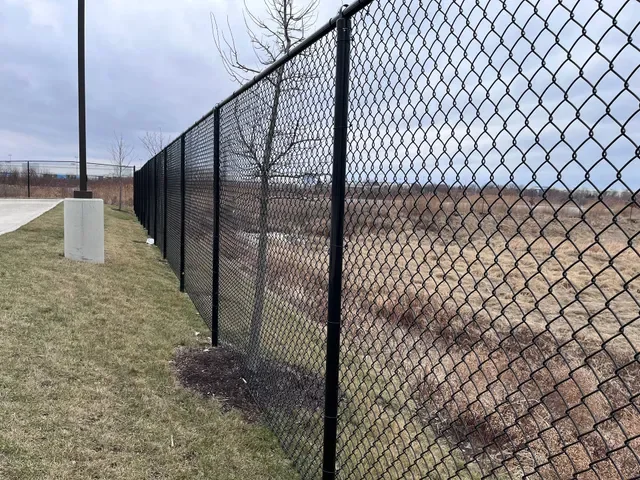 Long black chain-link fence running along grassy area with cloudy sky in the background.
