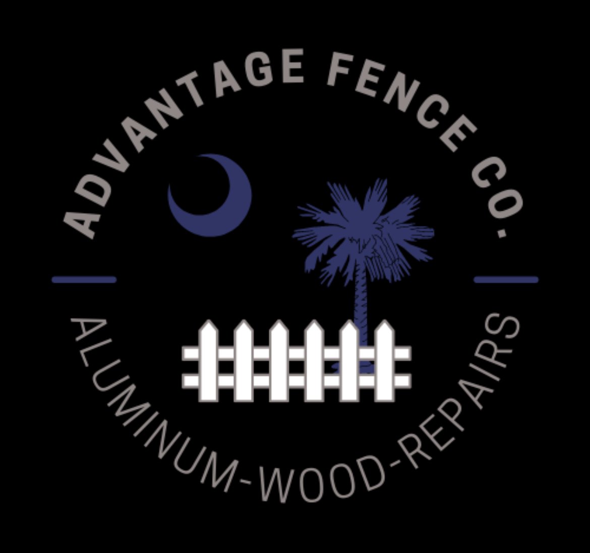 Logo for Advantage Fence Co. featuring a crescent moon, a tree, a white picket fence, and the company’s name, with the text "Aluminum-Wood-Repair".
