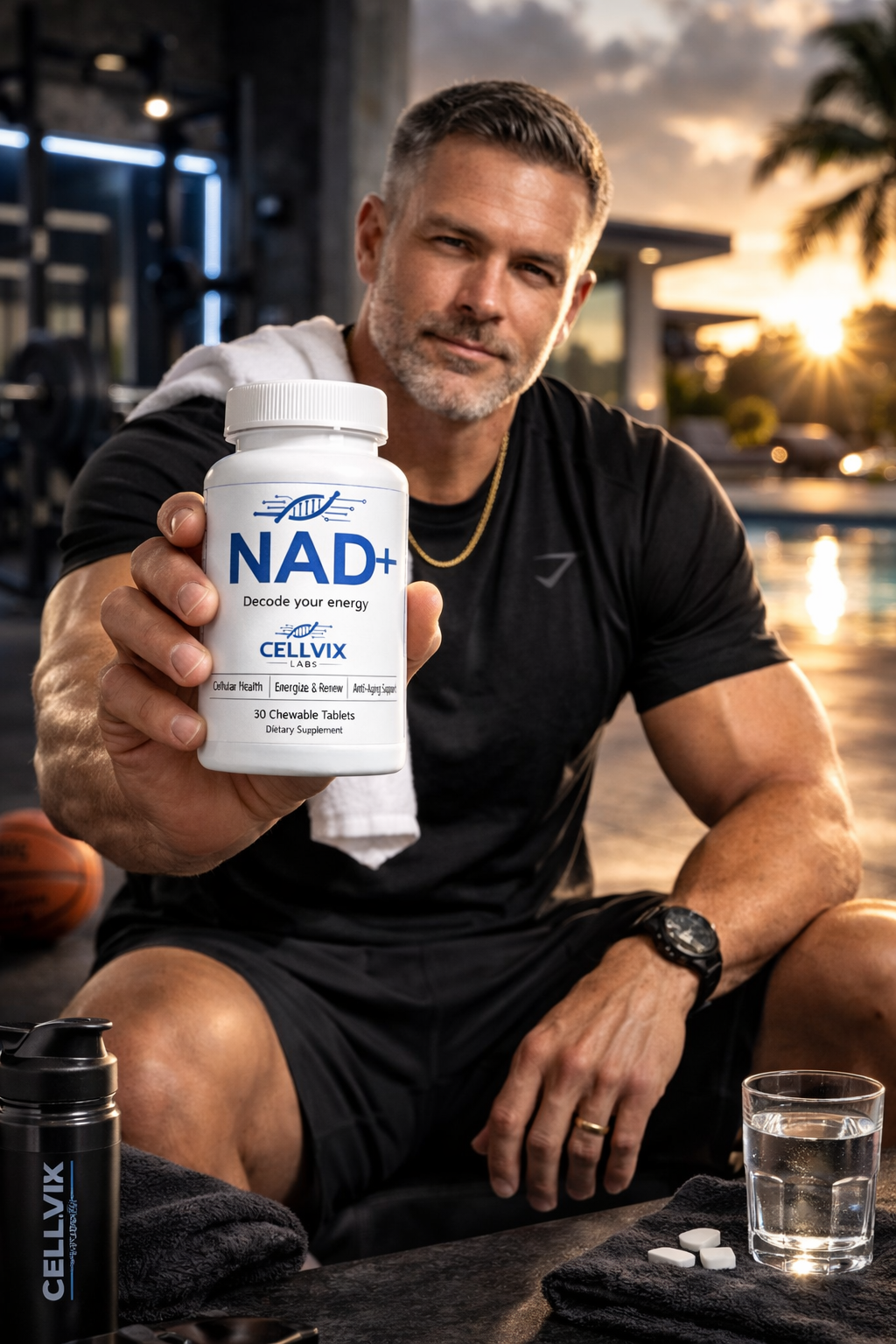 A middle-aged man with short gray hair and a beard, dressed in black athletic attire, sitting outdoors at sunset, holding a bottle of NAD+ dietary supplement with a serious expression.
