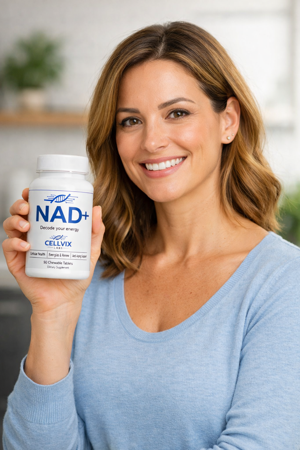 A woman smiling and holding a bottle of NAD+ dietary supplement labeled 'Decode your energy'