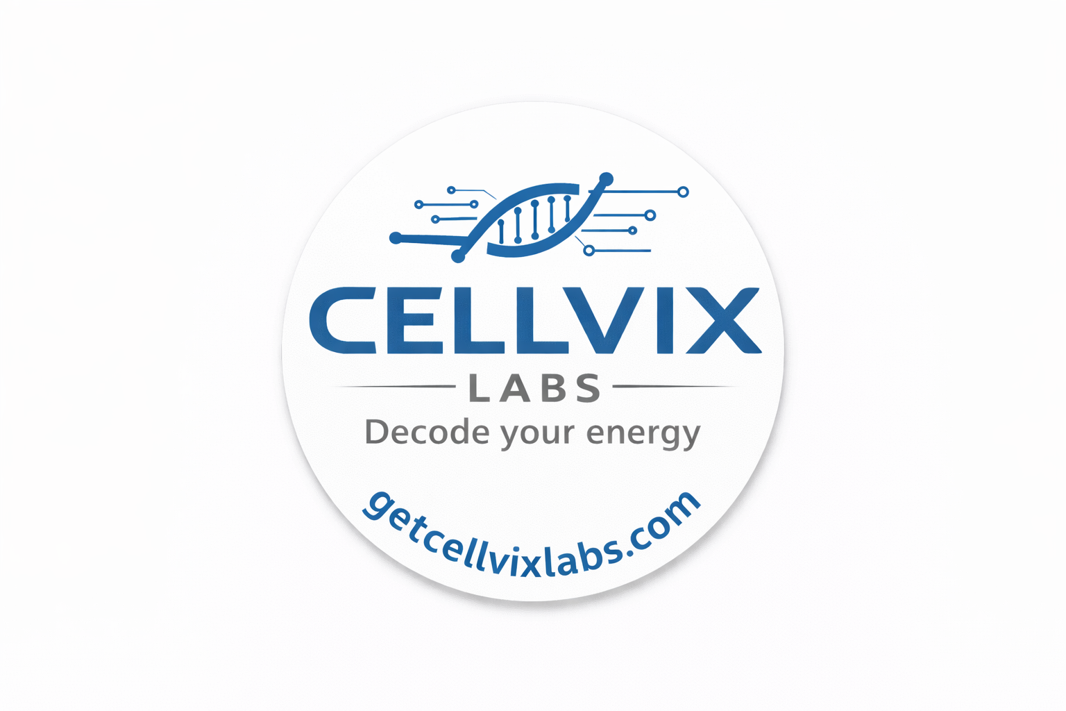 A circular logo for CELLVIX LABS with a stylized DNA double helix above the text, the tagline "Decode your energy" below, and the website URL getcellvixlabs.com at the bottom.