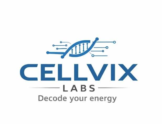 Cellvix Labs logo featuring a stylized DNA strand with circuit lines and the tagline 'Decode your energy.'