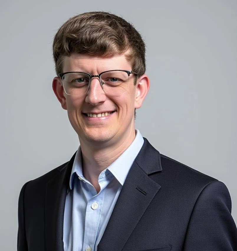 Portrait of a young man in a suit and glasses smiling against a plain gray background.