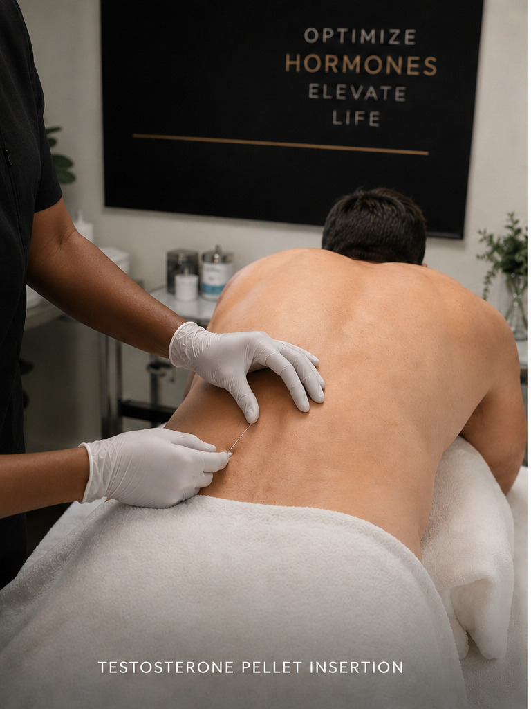 A medical practitioner in gloves administering a testosterone pellet injection into a man's lower back in a clinical setting, with a motivational sign that reads "Optimize Hormones Elevate Life" in the background.