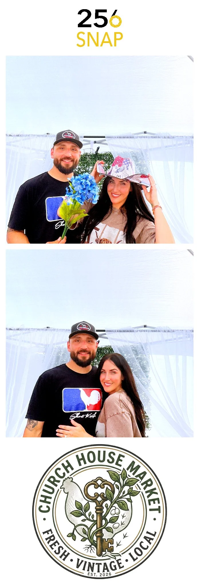People posing for photos at a photo booth with a church house market logo, holding flowers and wearing a cowboy hat, with white curtains as a background.