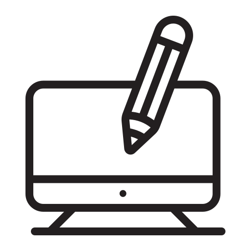 Outline icon of a computer monitor with a pencil writing on its screen.