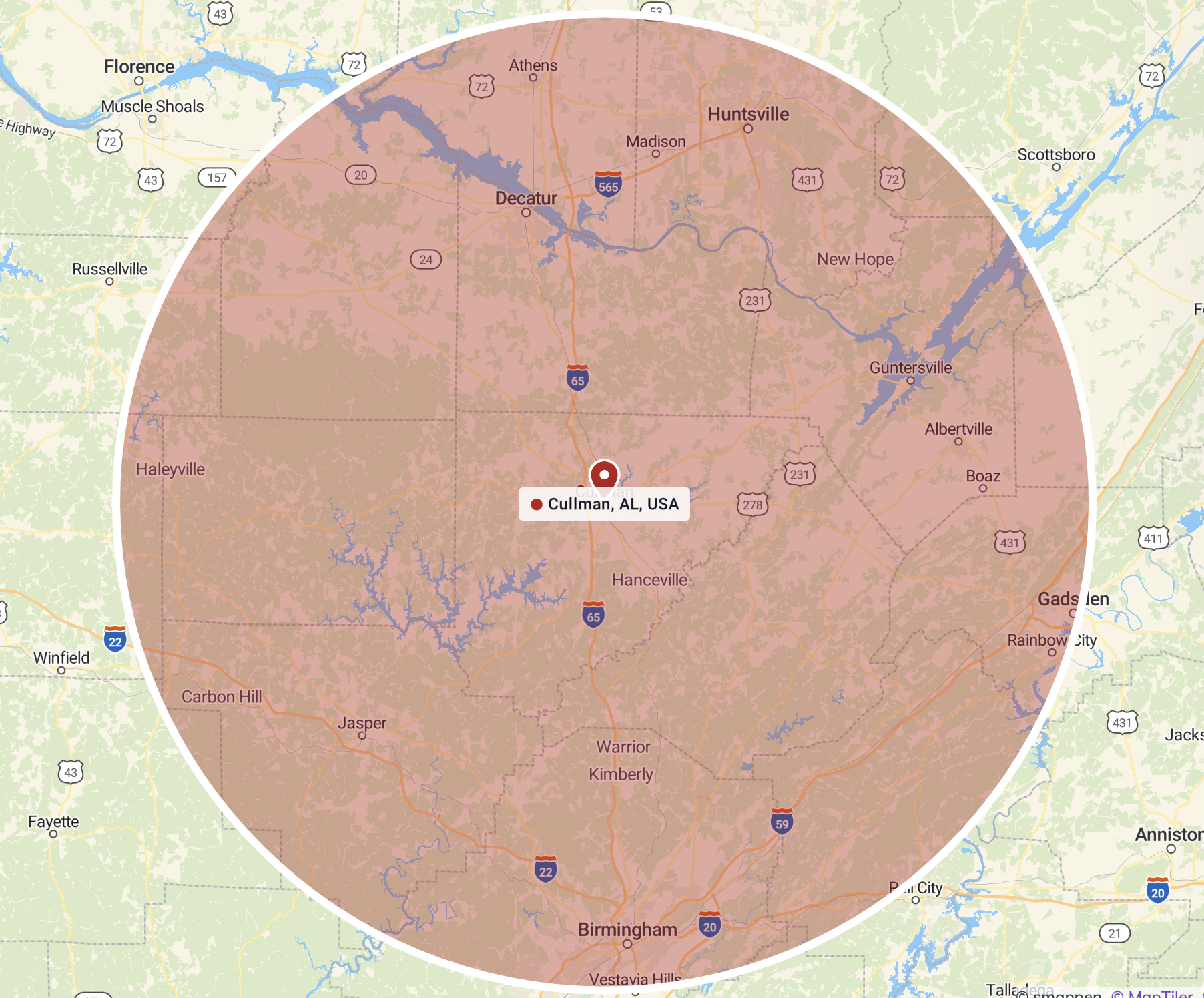 Map showing Cullman, Alabama with a red circular coverage area extending outward, including nearby cities such as Decatur, Huntsville, Birmingham, and Gadsden.