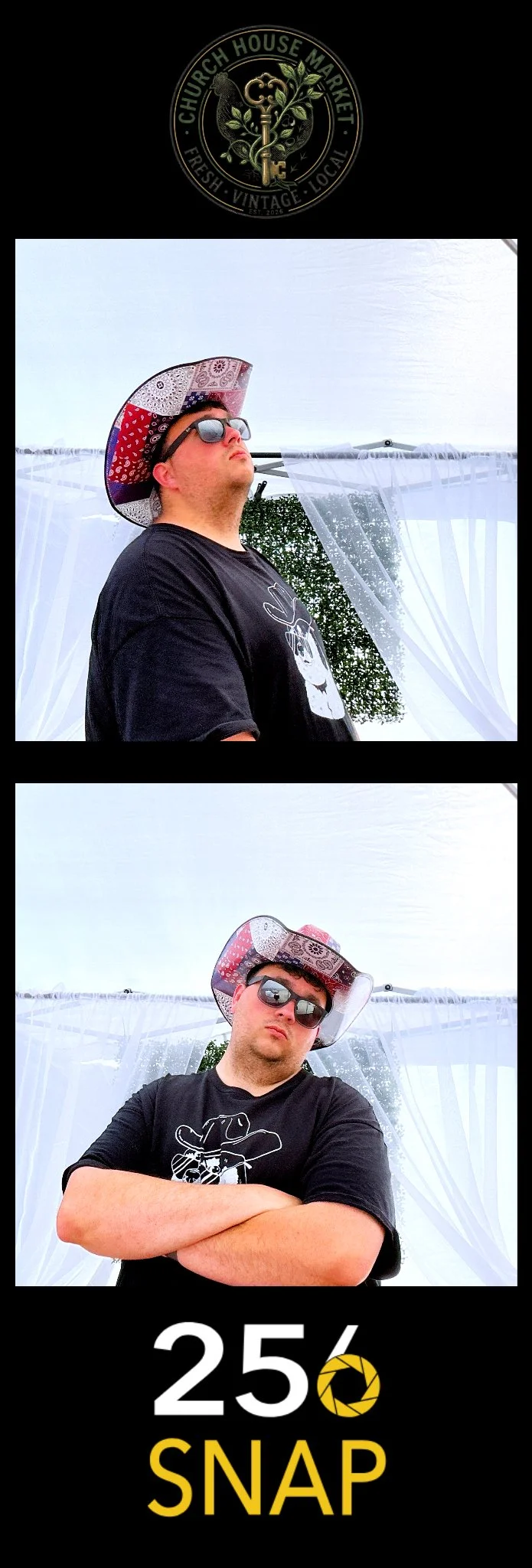 Two photos of a young man wearing sunglasses and a cowboy hat, posing outdoors in front of a white tent and greenery. In the first photo, he is looking upwards with a serious expression, and in the second, he has his arms crossed with a confident expression. The image includes a logo at the top reading 'Church House Market' and the caption '25% SNAP' at the bottom.