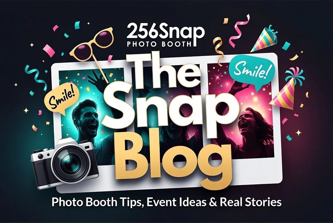 Promotional graphic for 256 Snap Photo Booth with the text 'The Snap Blog'. Features photos of smiling people, a film camera, sunglasses, confetti, and party hats, promoting photo booth tips, event ideas, and stories.