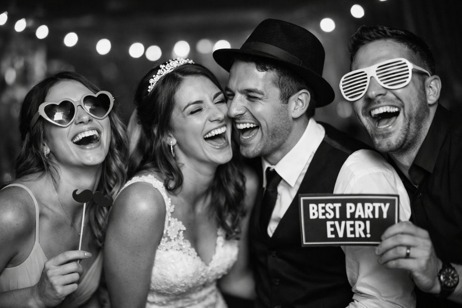 Group of four friends laughing and enjoying a party, with some wearing sunglasses and hats, one holding a sign that says "Best Party Ever!" in a festive setting.