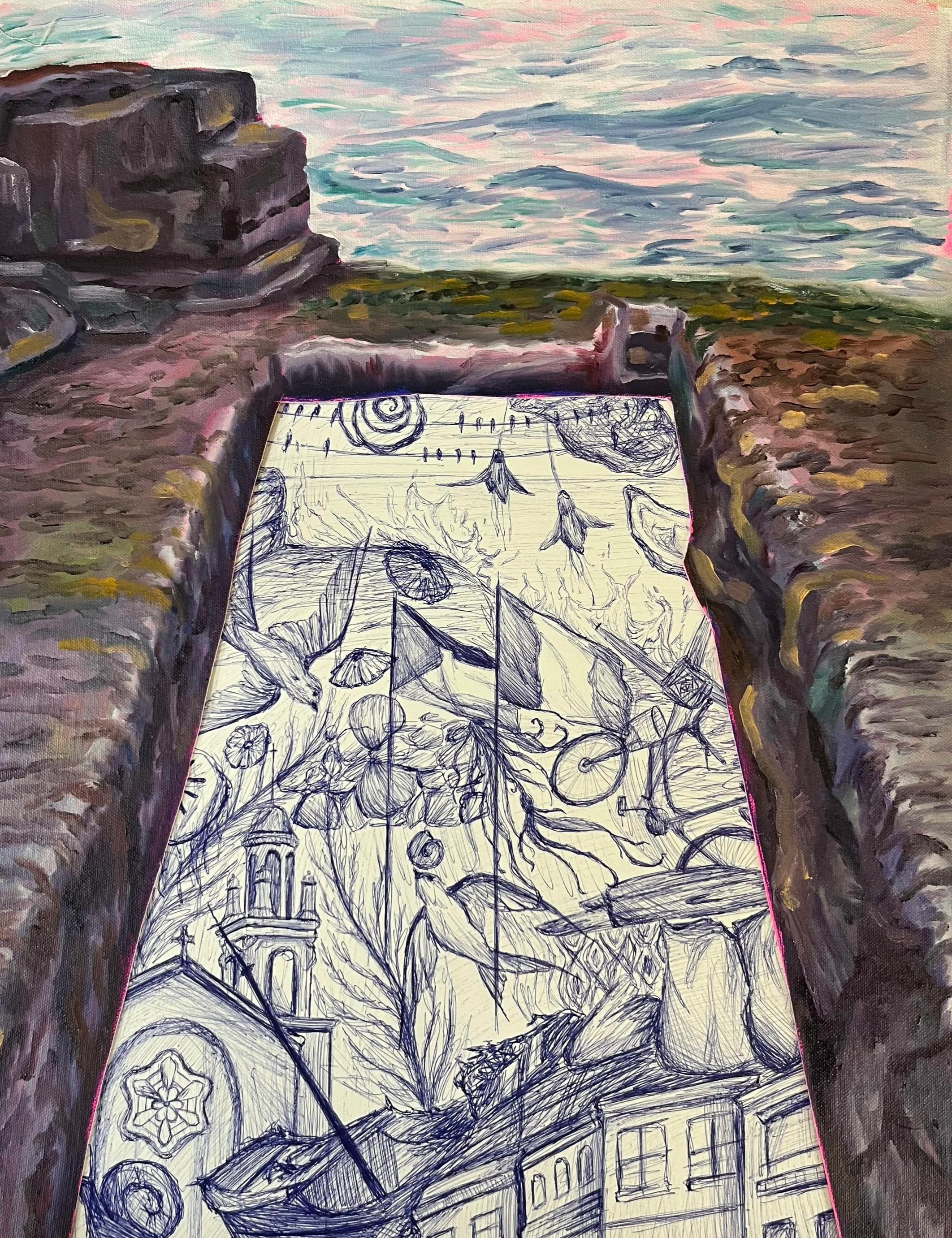 The Wormhole, Ballpoint pen, oil paint, 2025