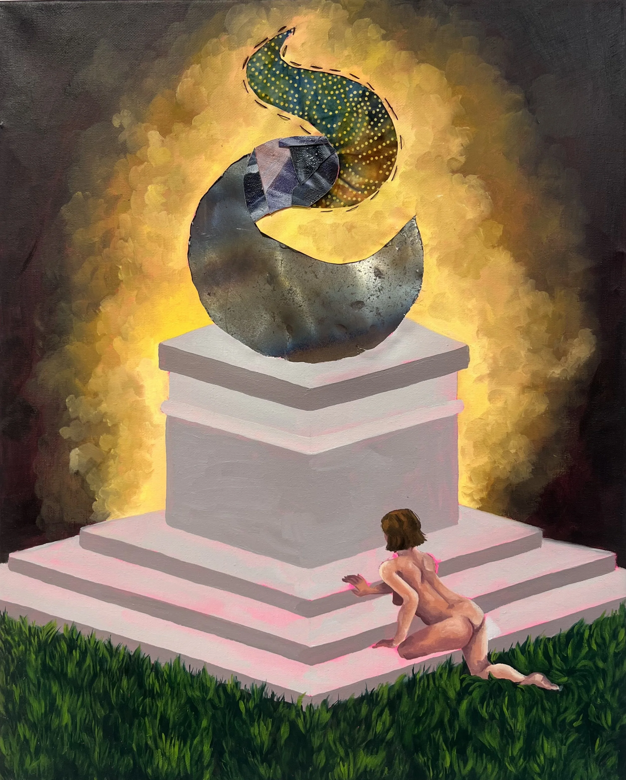 The Journey, Oil on canvas, Sheet metal, fabric, Hair, 16inx20in, 2025