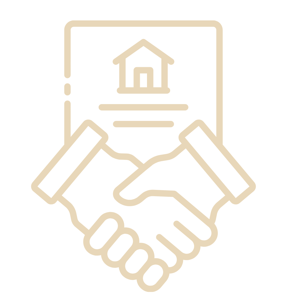 Line drawing of two hands shaking in front of a house icon on a paper or document.