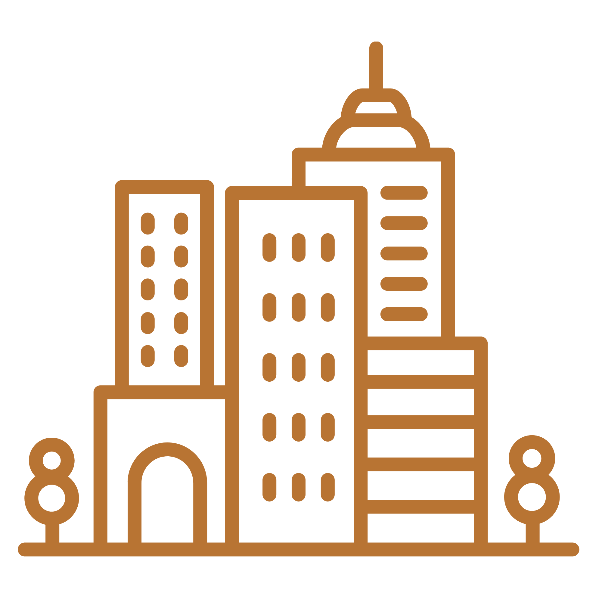 Outline drawing of a city skyline with multiple skyscrapers and two small trees.