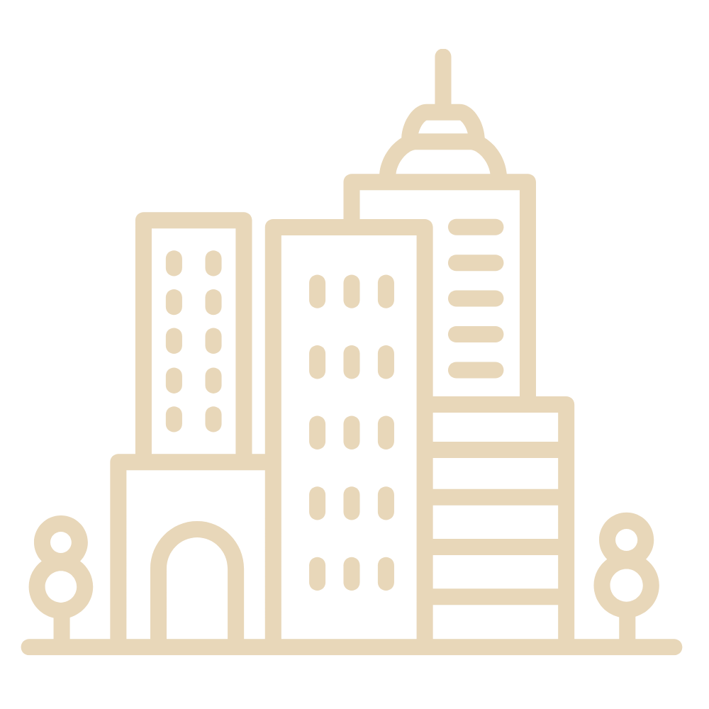 Line drawing of a city skyline with multiple tall buildings and two small trees.
