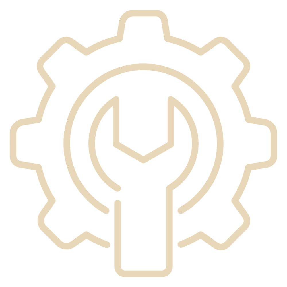 Outline icon of a gear with a clock and wrench inside, symbolizing settings or maintenance.