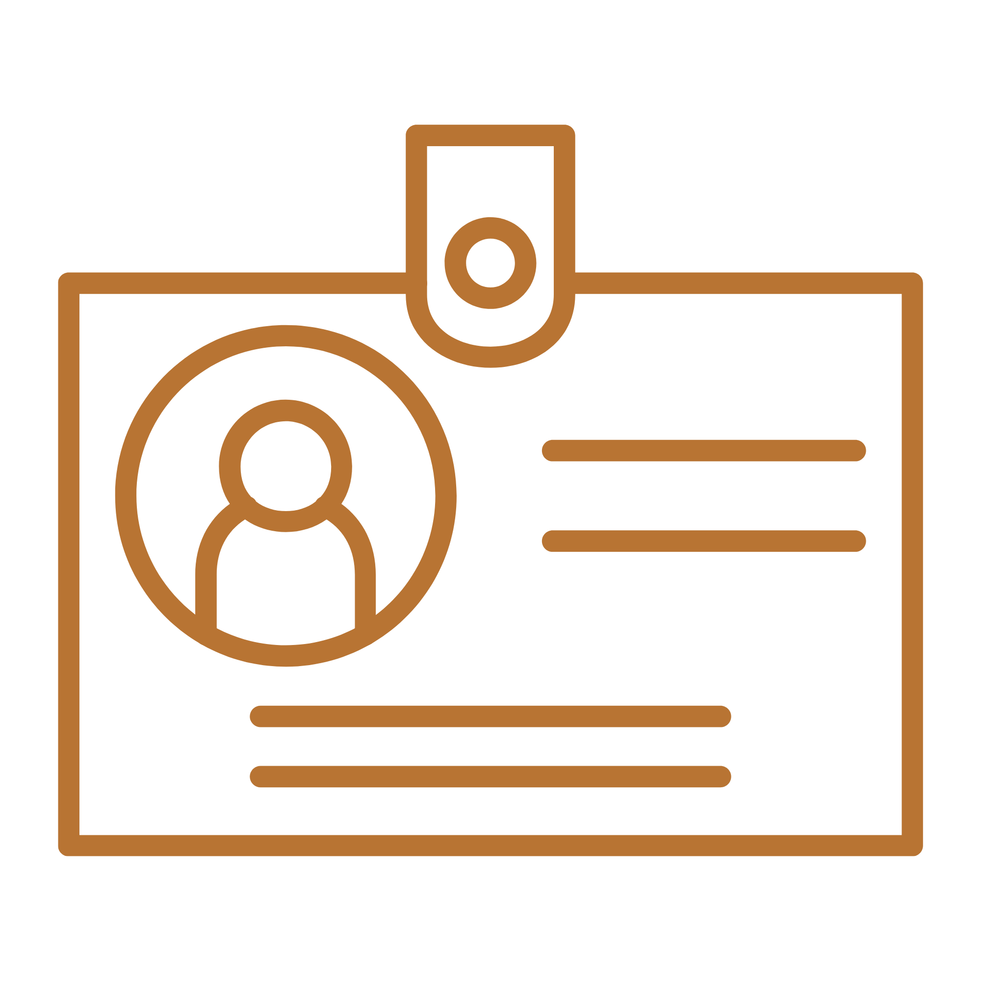 Simplified icon of an ID badge with photo, lines for information, and a clip at the top.
