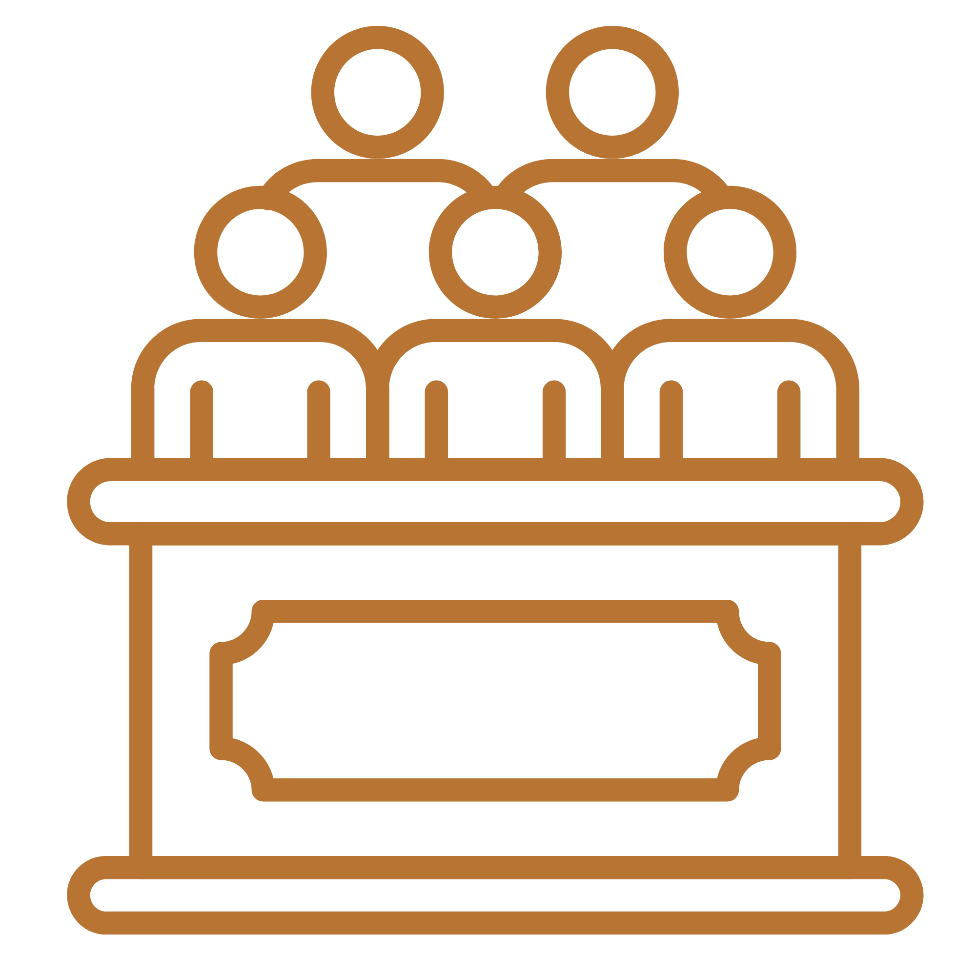 Icon of three people sitting at a desk, with a stack of three people behind them, indicating a panel or a group discussion.