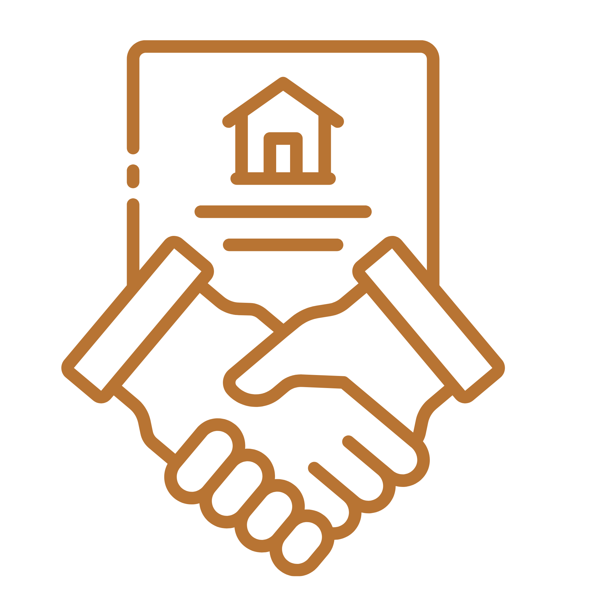 Line drawing of two hands shaking with a house icon and an exclamation mark above them.