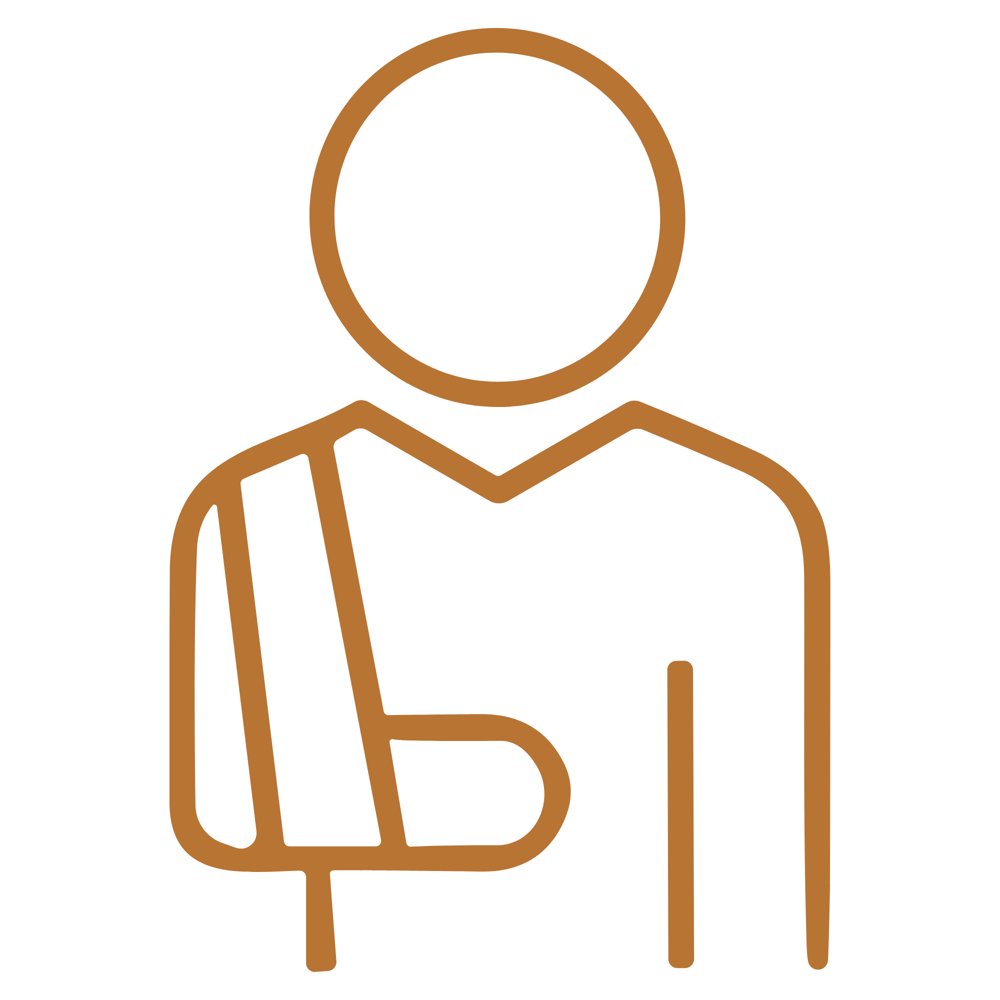 Outline icon of a person with a backpack.