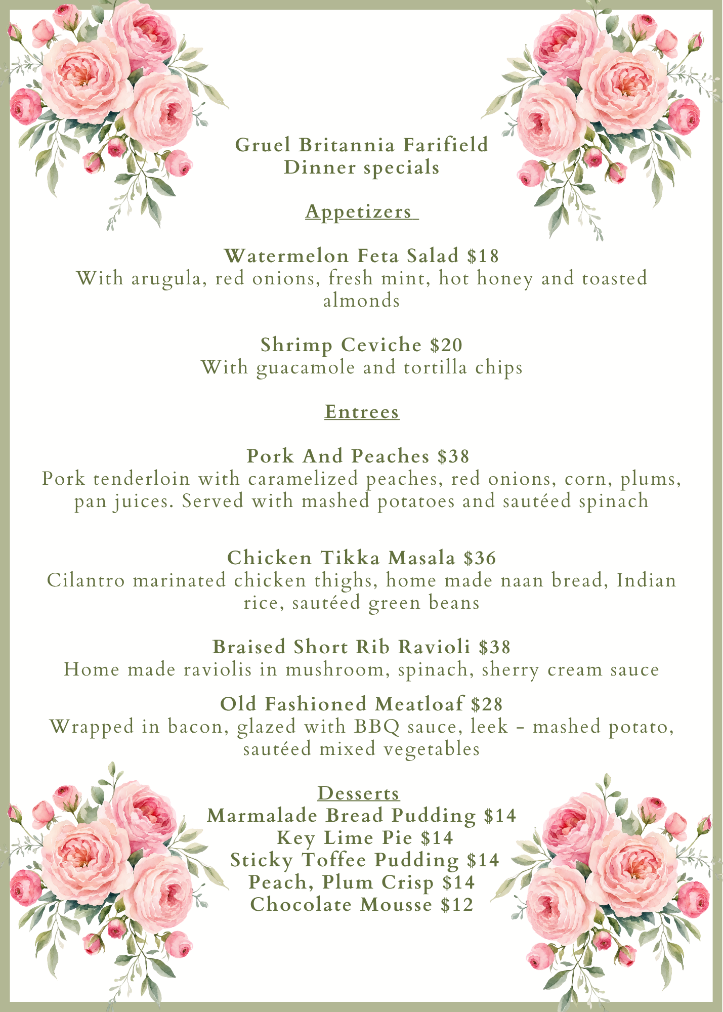 Fairfield Dinner Specials